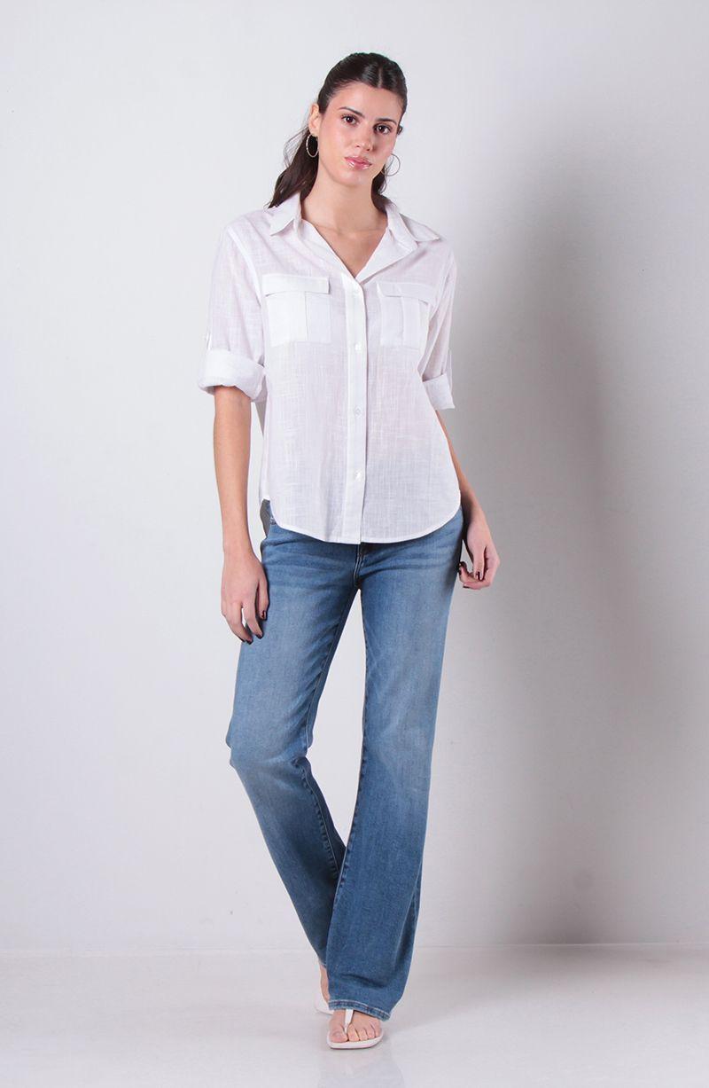 Blusa Manga 3/4 Abotonada En El Delantero Y Bolsillos-5