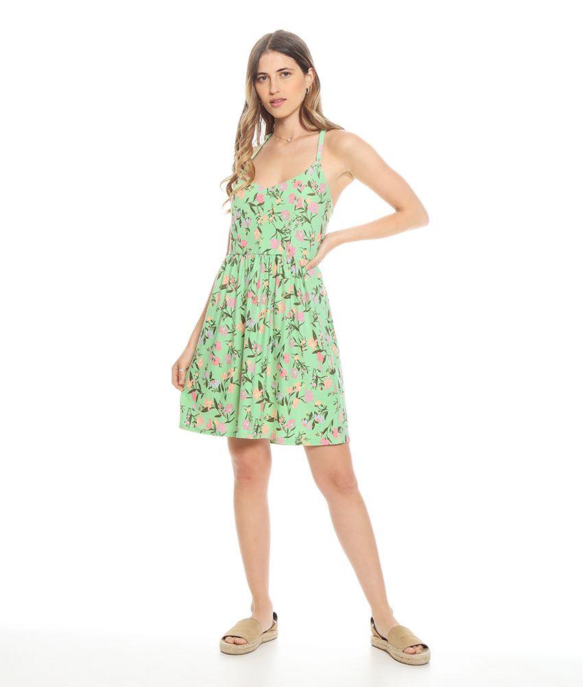 Vestido Corto Sin Manga Estampado Con Aplicacion De Encaje En Espalda-2