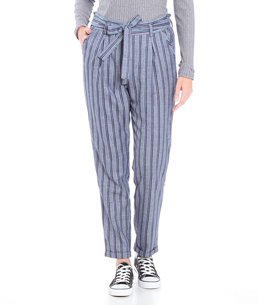Pantalon Listado Con Bolsillos Con Pretina Elasticada Y Lazo-0