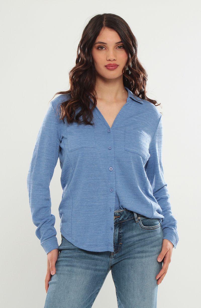 Blusa Manga Larga Abotonada  En Delantero   Con Bolsillo Escote V-0