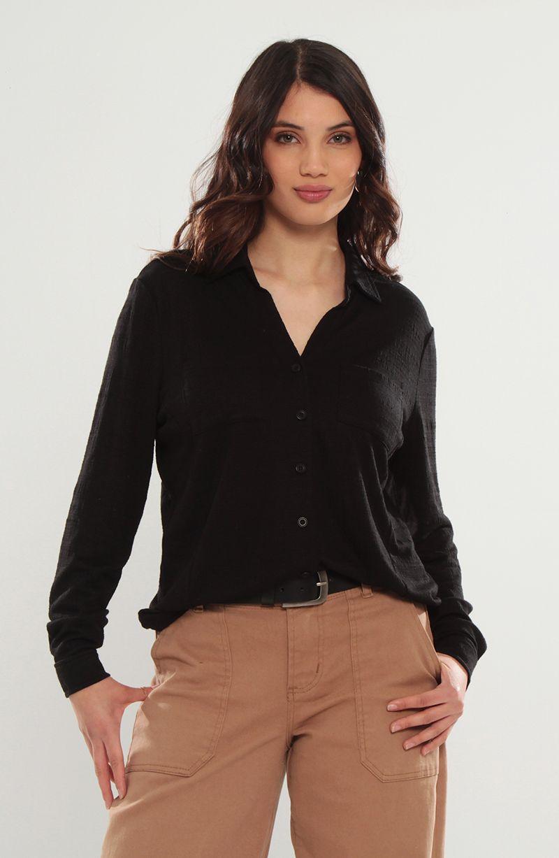 Blusa Manga Larga Abotonada  En Delantero   Con Bolsillo Escote V-0