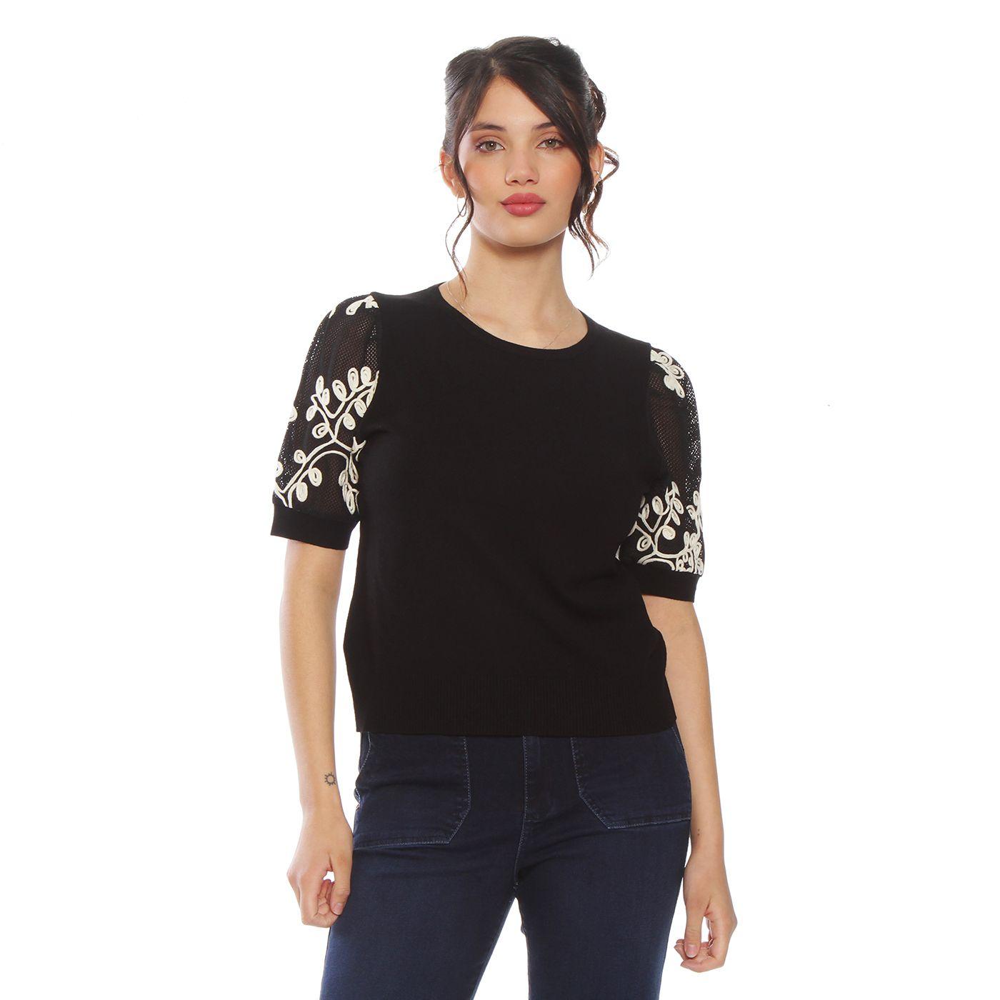Sweater Manga Corta  Con Bordado Escote Redondo-0
