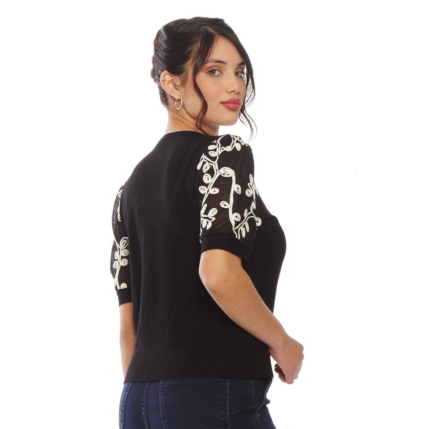 Sweater Manga Corta  Con Bordado Escote Redondo-6