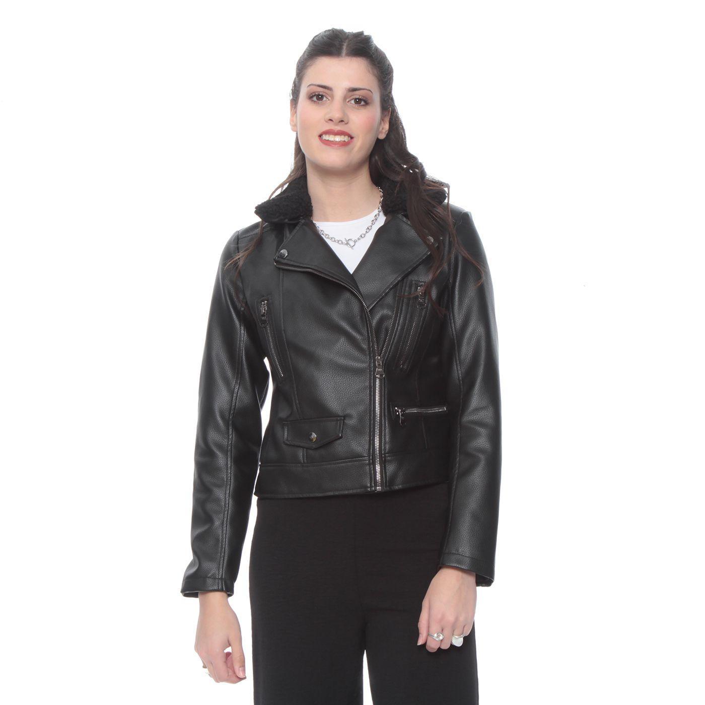 Chaqueta Manga Larga Cuero Ecologico Con Cuello Chiporro Desmontable-0