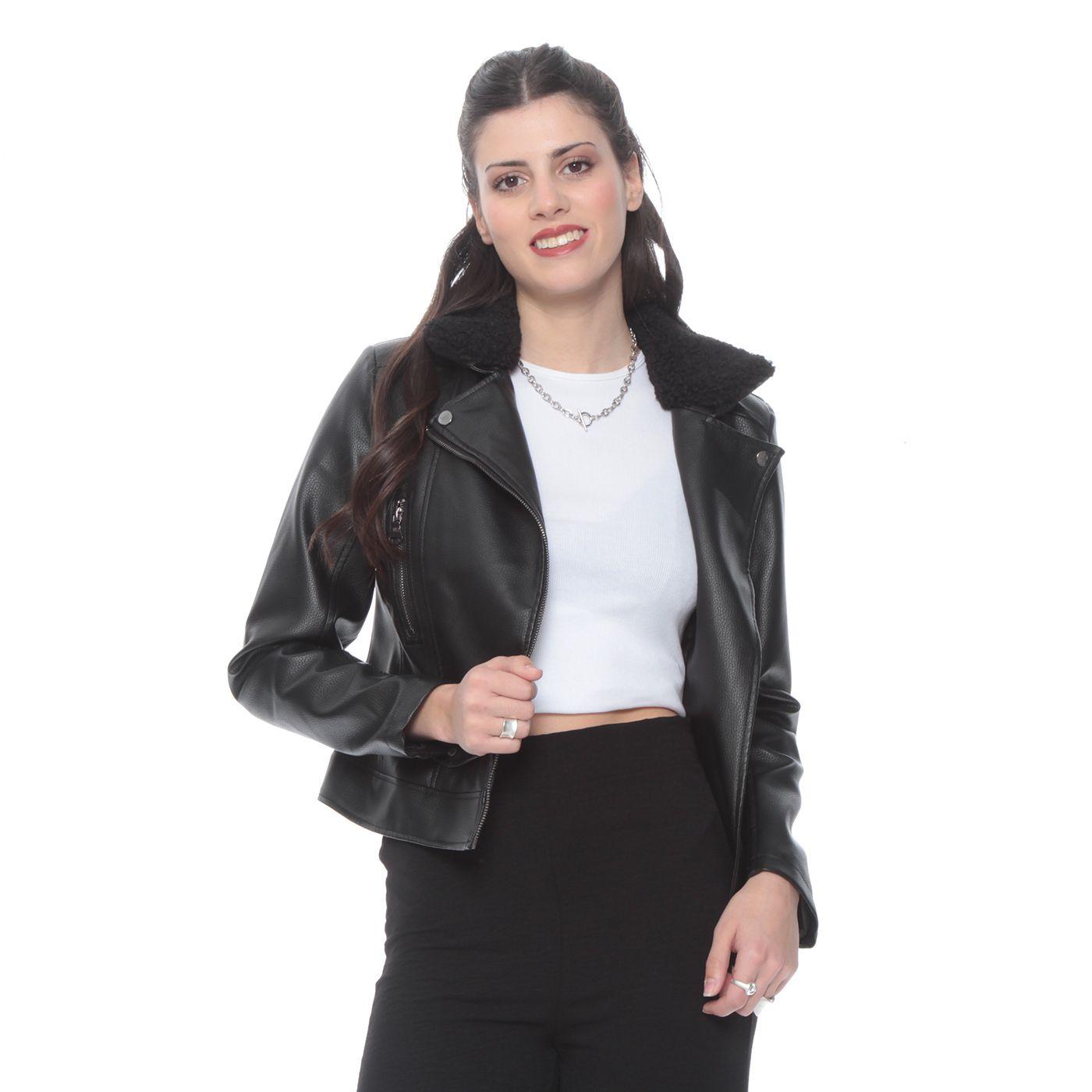 Chaqueta Manga Larga Cuero Ecologico Con Cuello Chiporro Desmontable-5