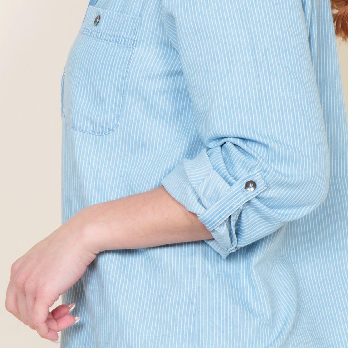 Blusa Manga Larga Lyocell Listada Abotonada En Delantero Y Bolsillo-1