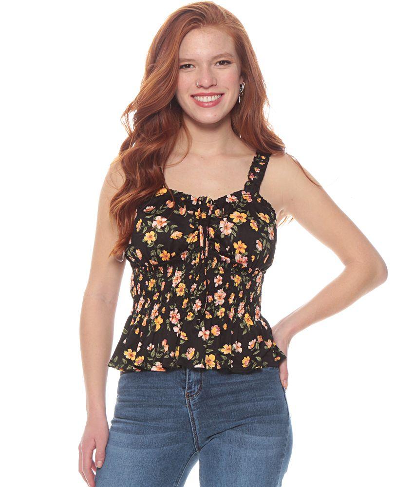Blusa S/m Tirantes Ruchas Estampada Escote Con Pabilo Ajustable-0