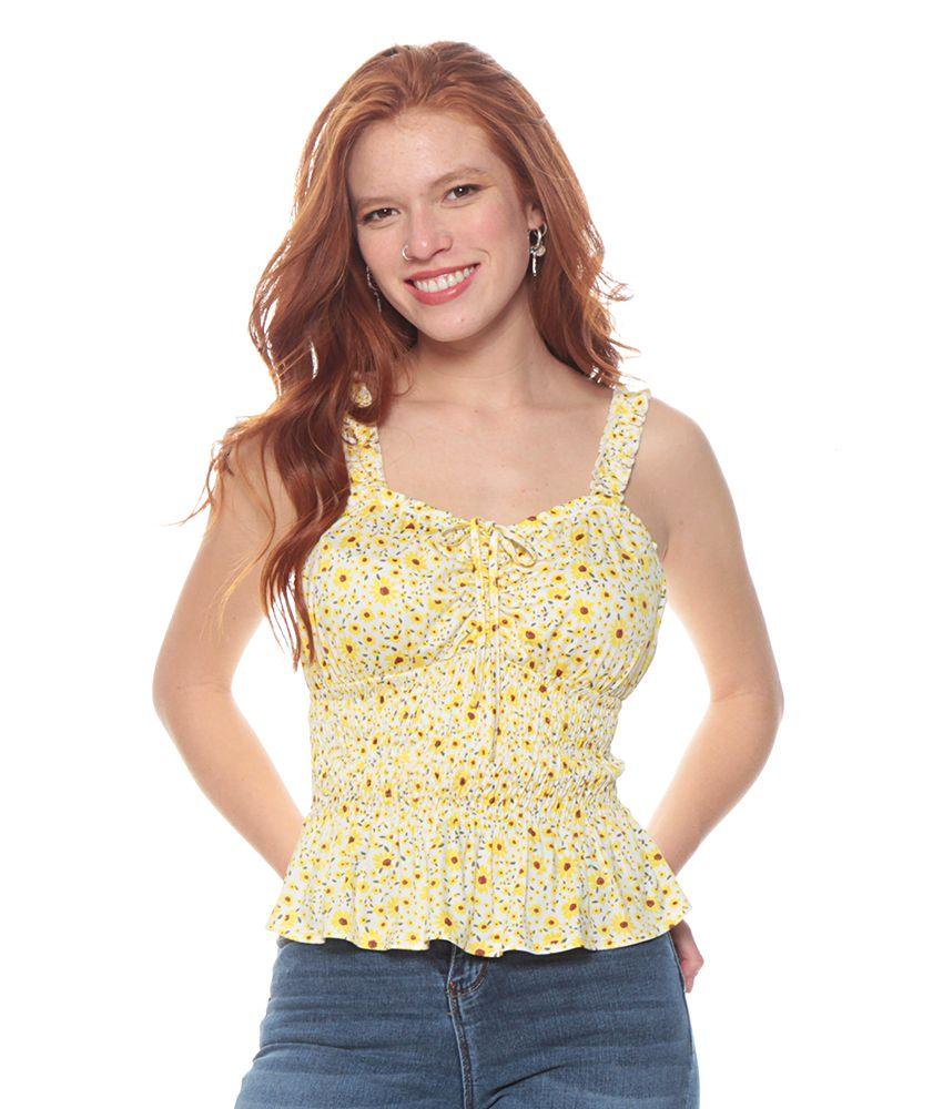 Blusa S/m Tirantes Ruchas Estampada Escote Con Pabilo Ajustable-0
