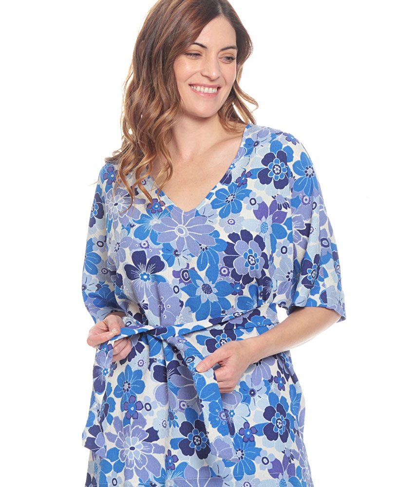 Blusa Manga Corta Estampada Escote V Con Lazo En Cintura-1