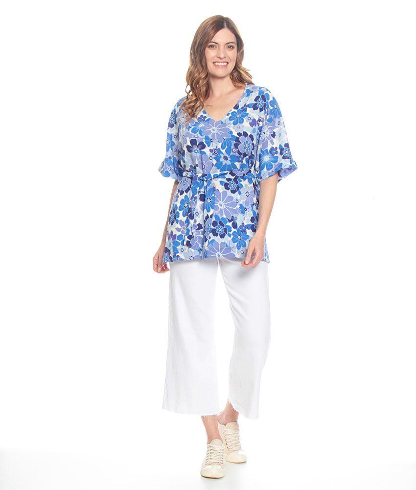 Blusa Manga Corta Estampada Escote V Con Lazo En Cintura-4