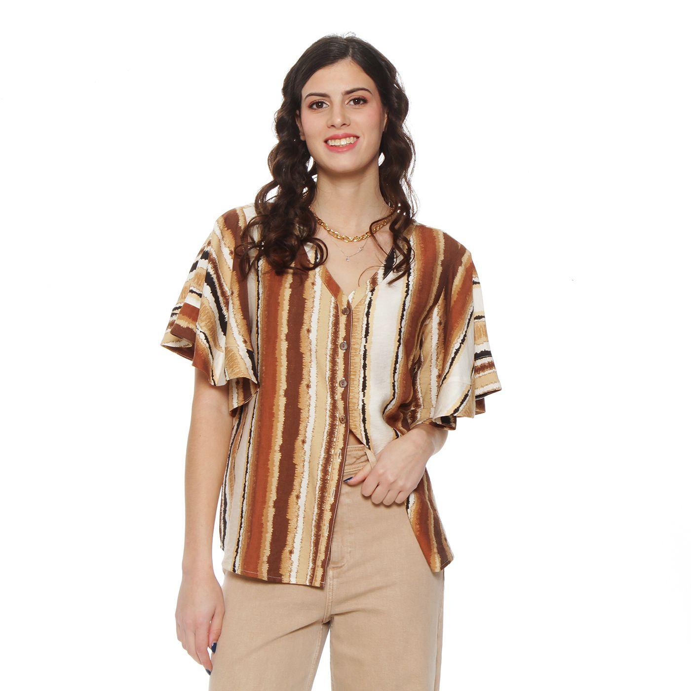 Blusa Manga Corta Estampada Escote V Abotonada En Delantero-3