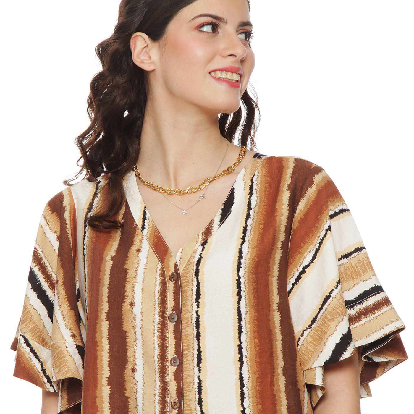 Blusa Manga Corta Estampada Escote V Abotonada En Delantero-4