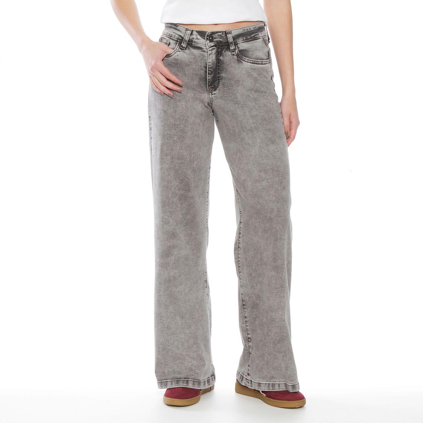 Jeans Con Bordado Wide  Leg Tiro Alto Pretina Basica 1 Boton-0
