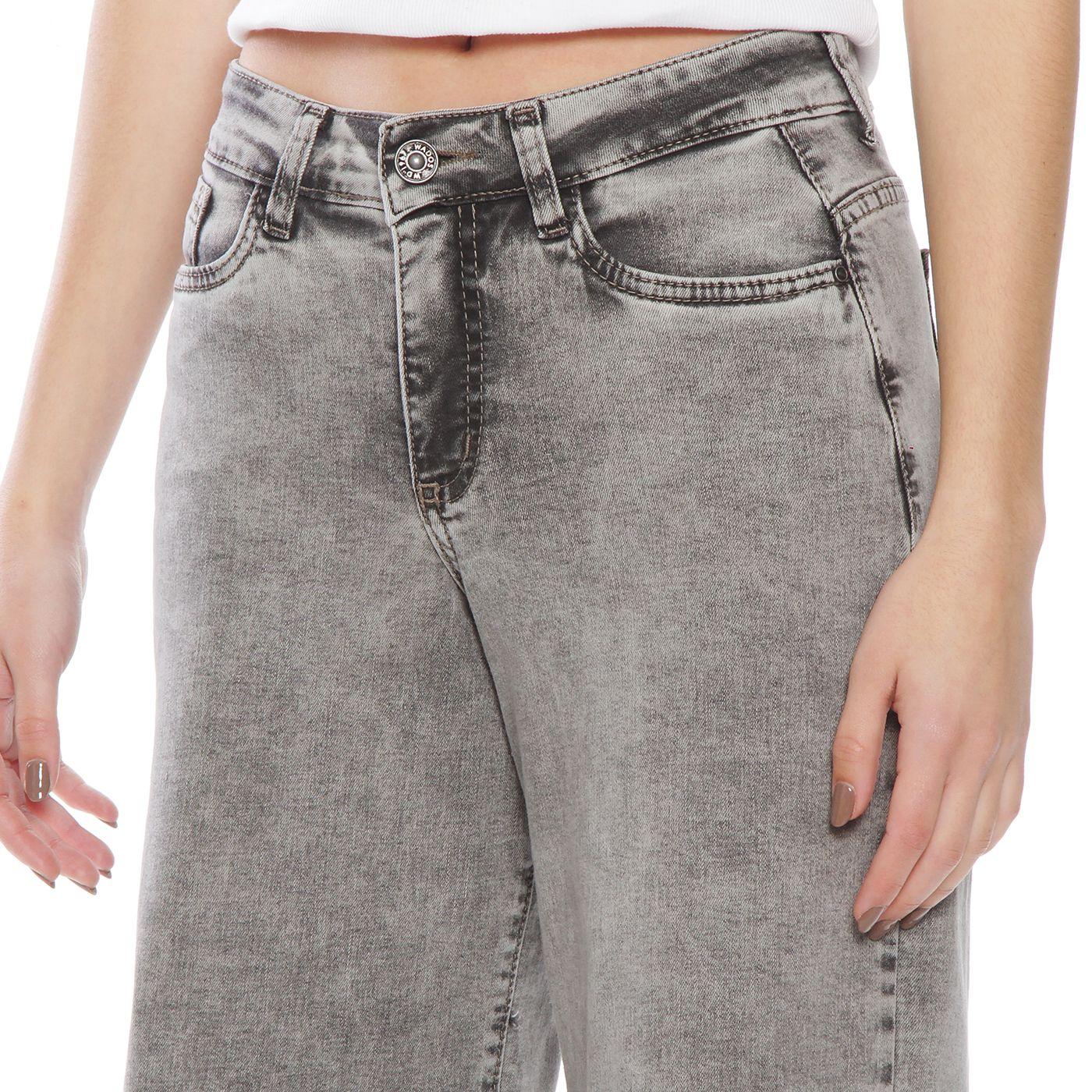 Jeans Con Bordado Wide  Leg Tiro Alto Pretina Basica 1 Boton-1