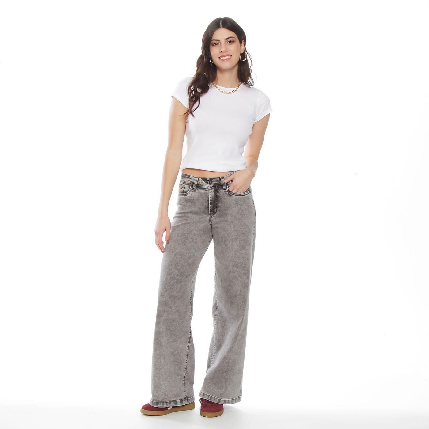 Jeans Con Bordado Wide  Leg Tiro Alto Pretina Basica 1 Boton-2