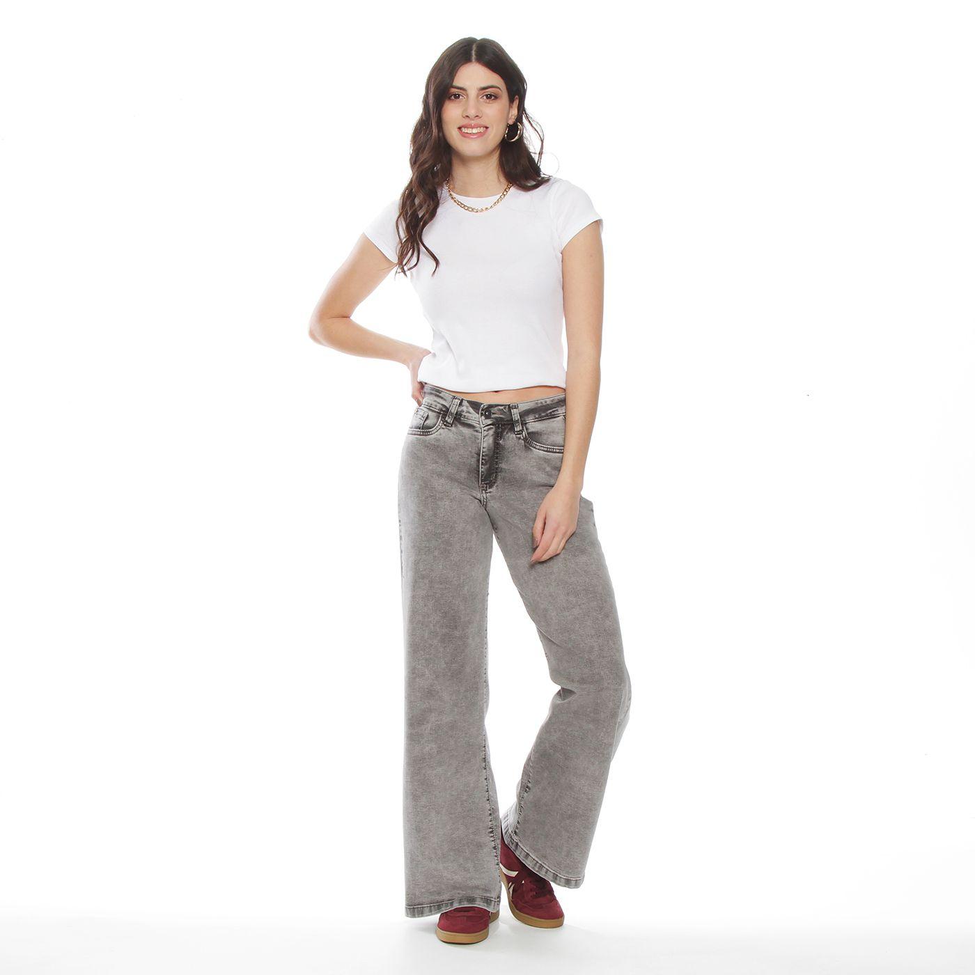 Jeans Con Bordado Wide  Leg Tiro Alto Pretina Basica 1 Boton-3
