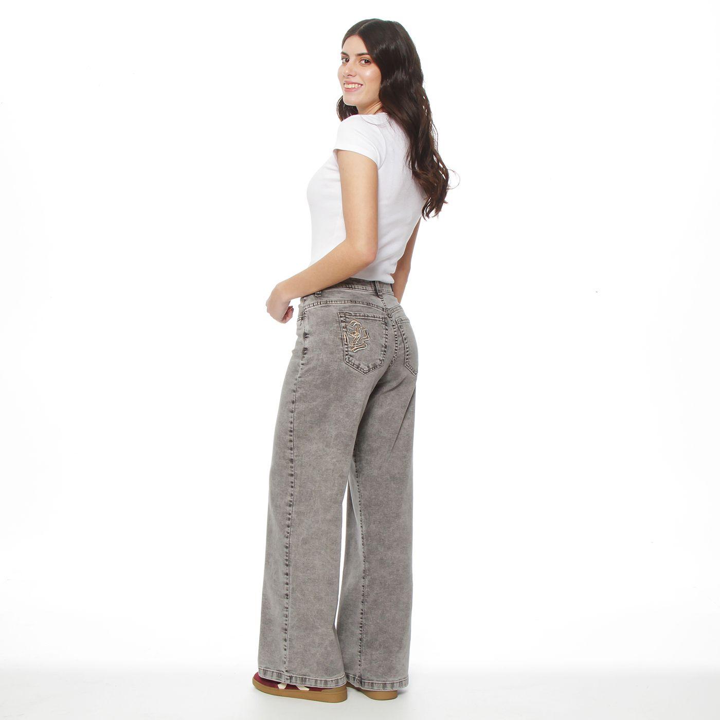 Jeans Con Bordado Wide  Leg Tiro Alto Pretina Basica 1 Boton-5