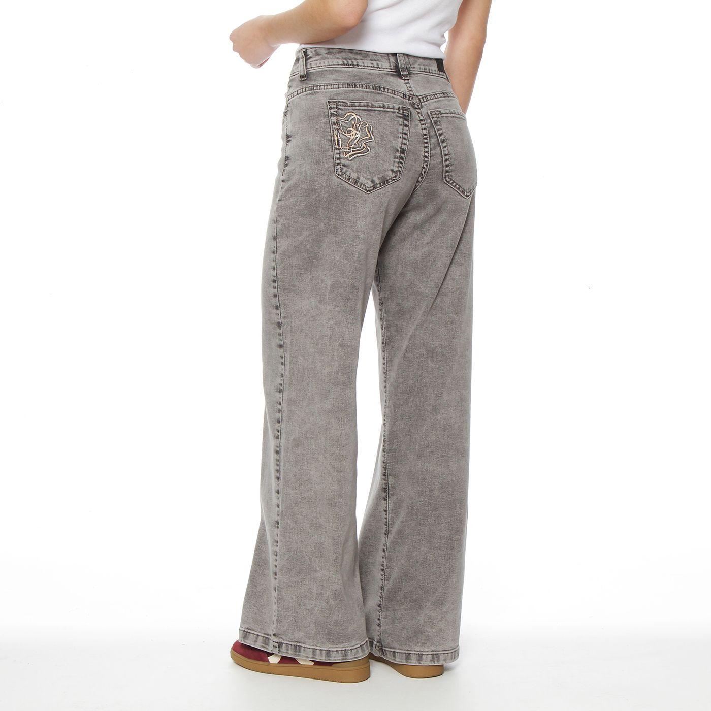 Jeans Con Bordado Wide  Leg Tiro Alto Pretina Basica 1 Boton-6