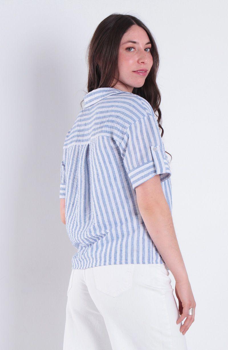 Blusa Manga Corta Listada Abotonada En Delantero Con Bolsillo-1