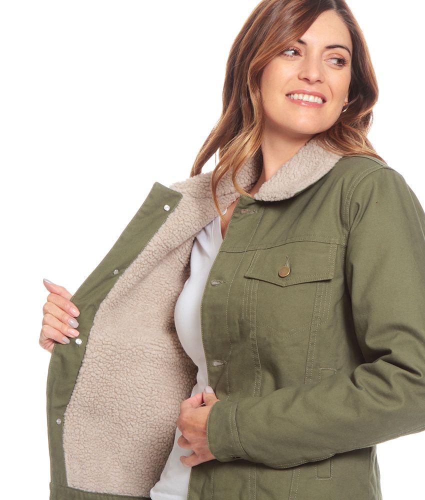 Chaqueta Manga Larga Sherpa Solida Cuello Camisero Bolsillos-0