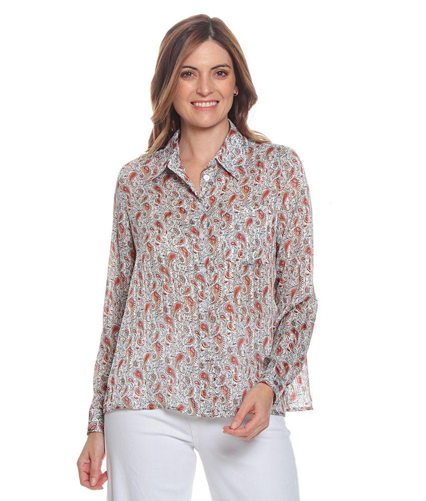 Blusa Estampada Cuello Camisero Manga Larga-0