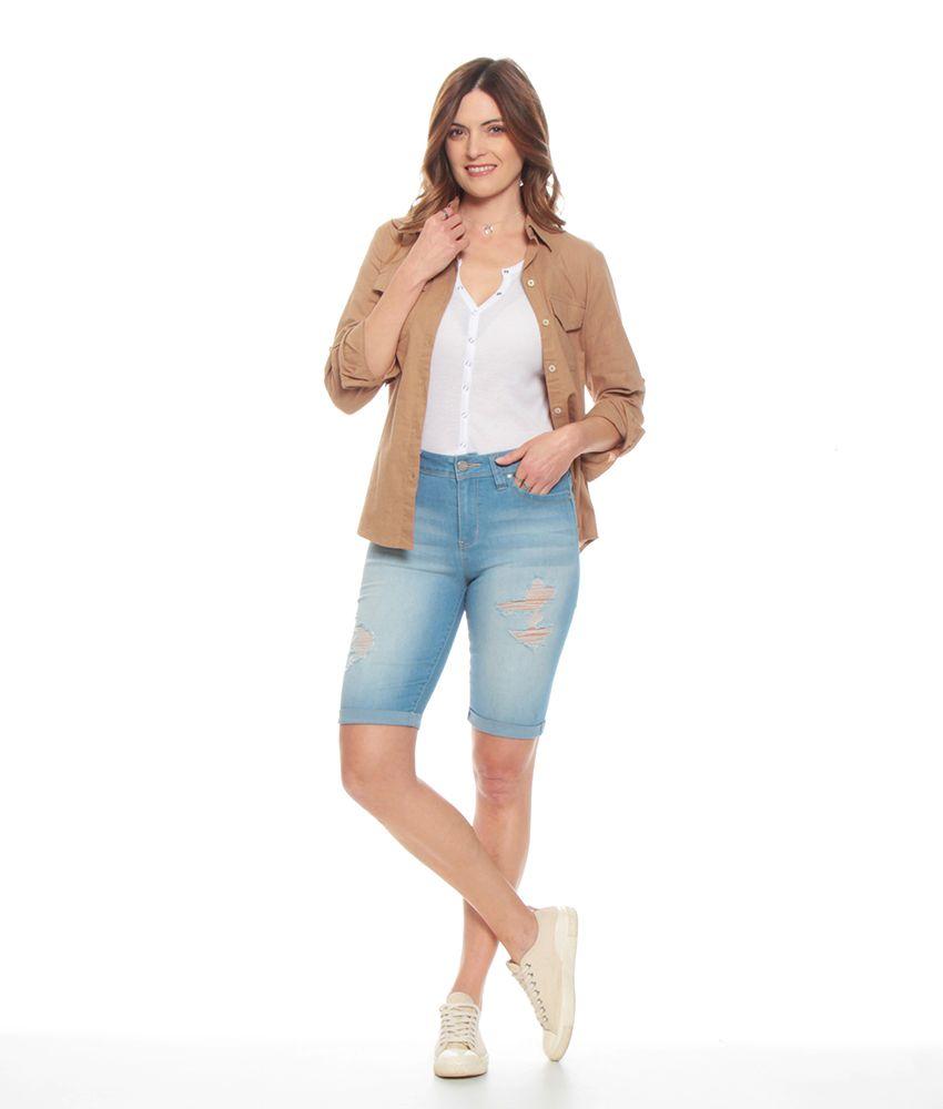 Bermuda Tiro Alto Push Up Pretina Basica Un Boton Roturas Delantero-6