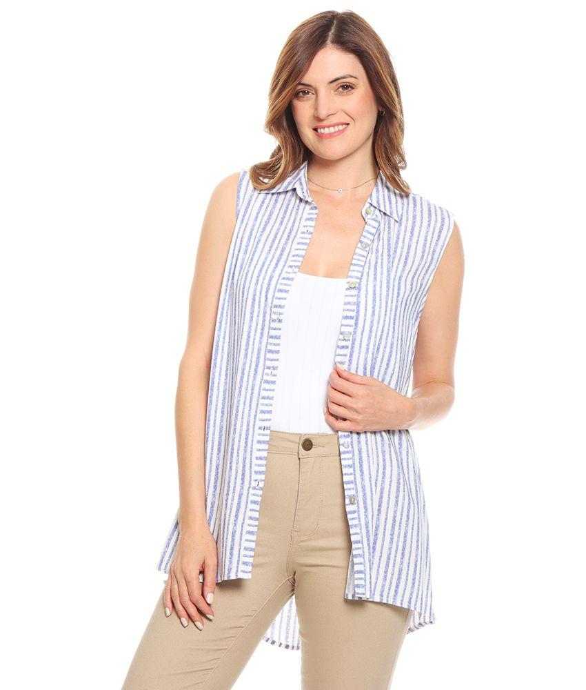 Blusa Sin Manga Listada Abotonada Cuello Camisero-2