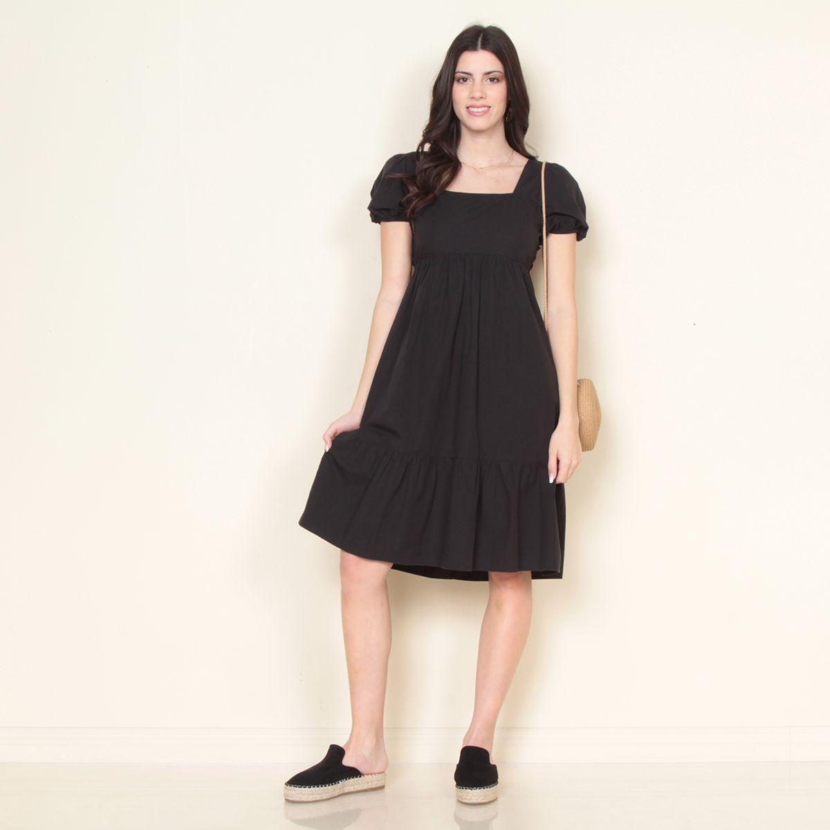 Vestido Manga Corta Solido Escote Cuadrado-0