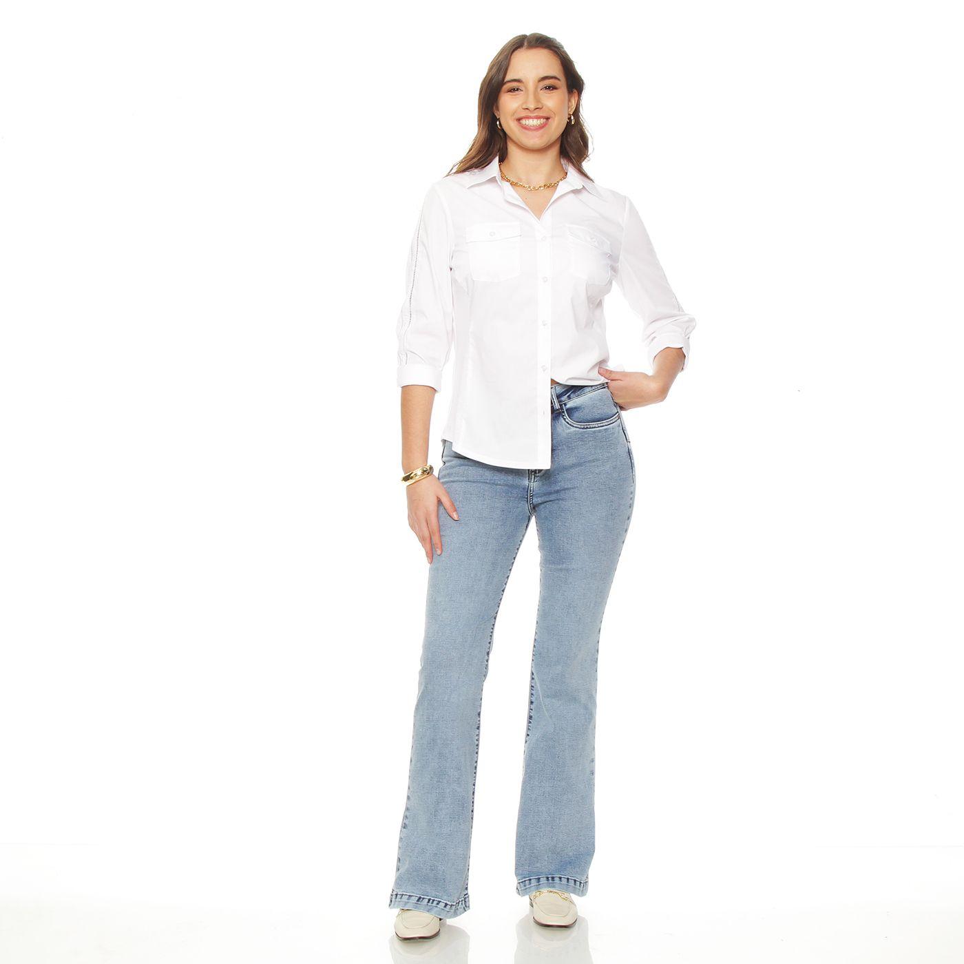 Jeans Flare  Tiro Alto Pretina Basica 1 Boton Push Up-3