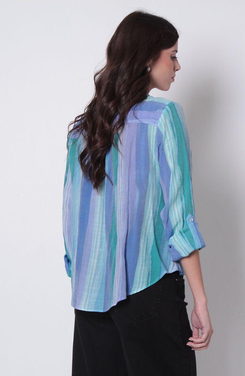 Blusa Listada Manga Larga Abotonada En Delantero-4