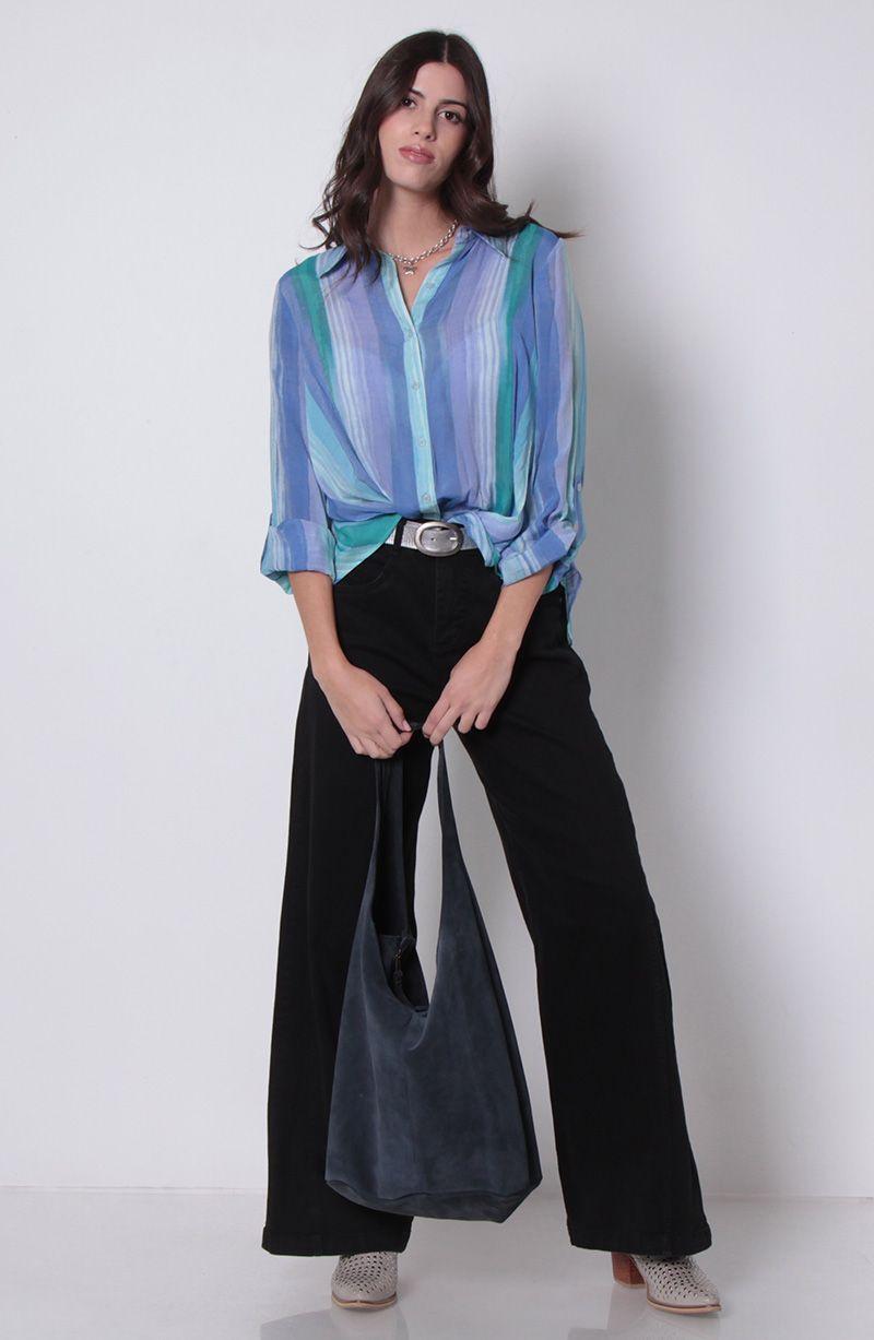 Blusa Listada Manga Larga Abotonada En Delantero-8