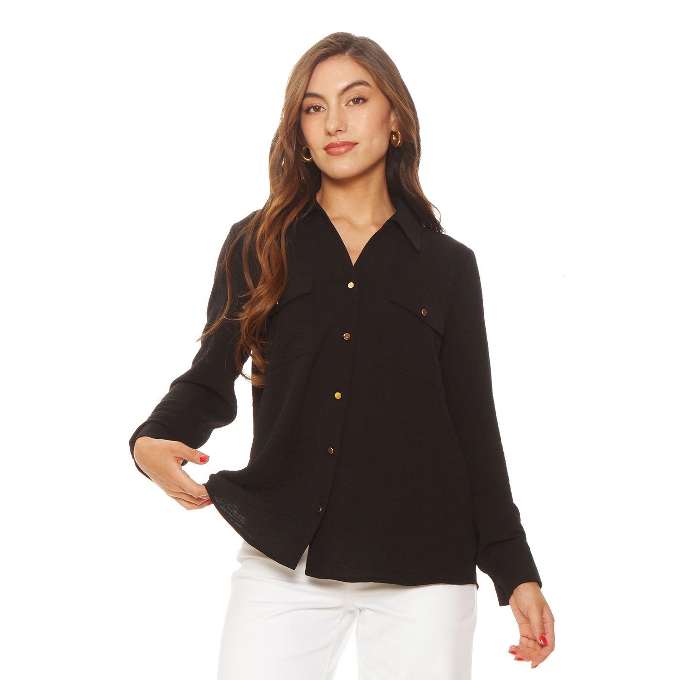 Blusa Manga Larga Abotonada En Delantero Y Bolsillos-0