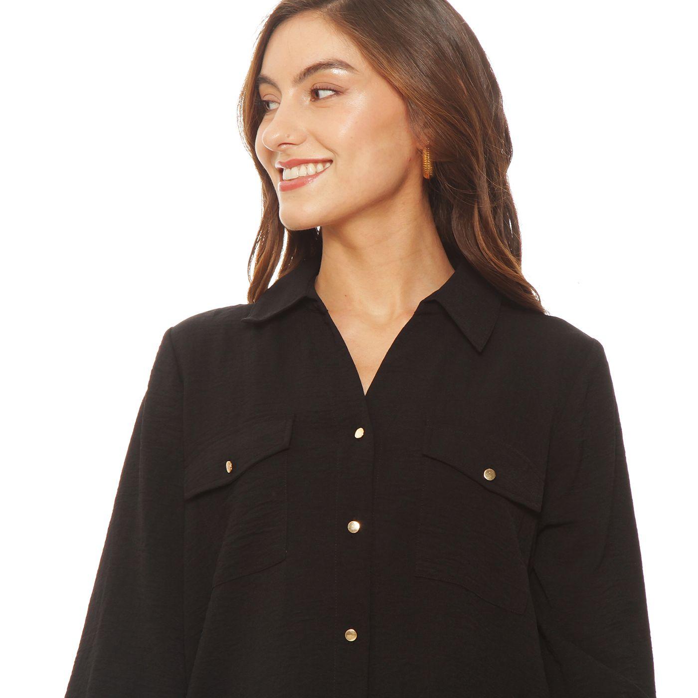 Blusa Manga Larga Abotonada En Delantero Y Bolsillos-1