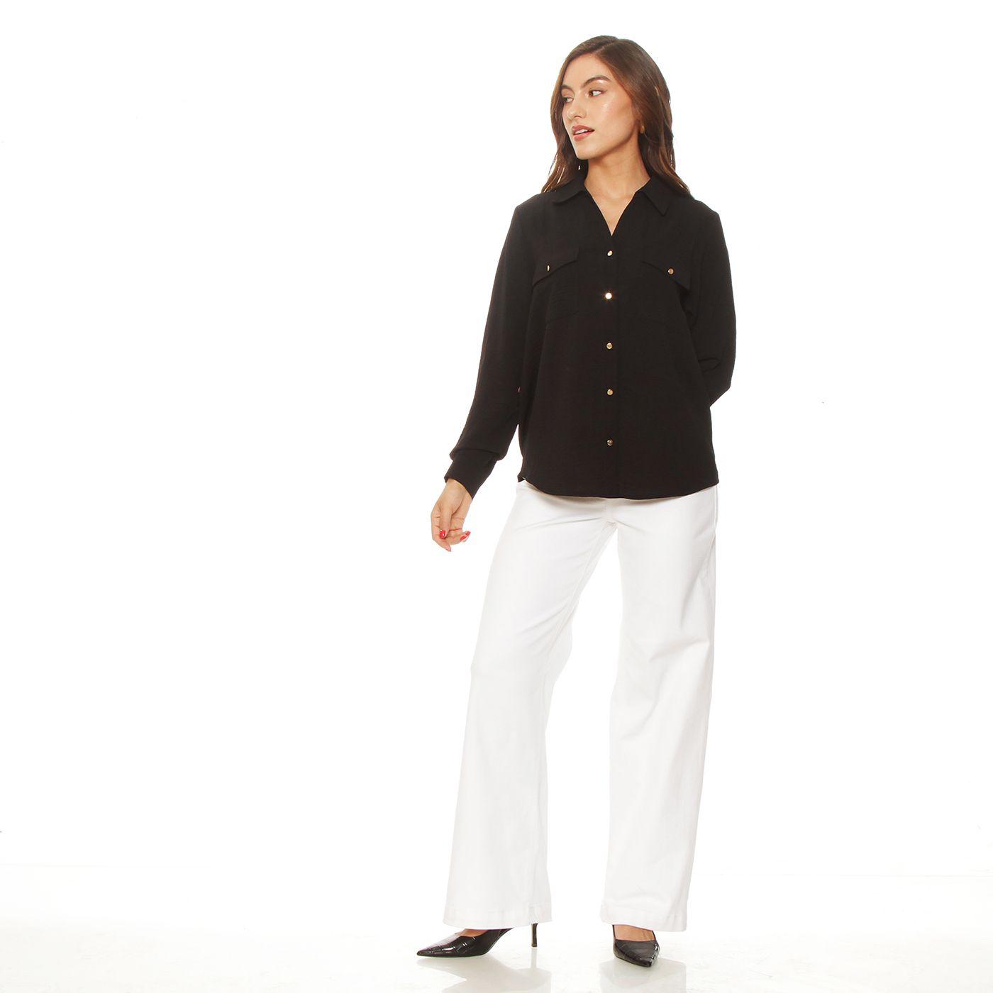 Blusa Manga Larga Abotonada En Delantero Y Bolsillos-3