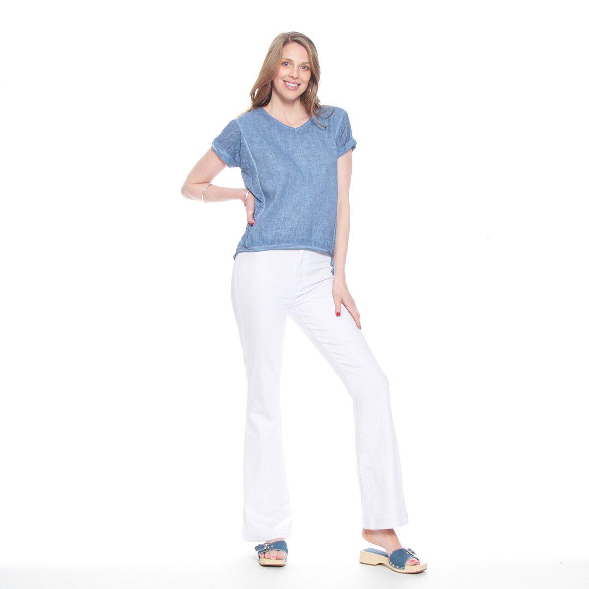 Blusa Manga Corta Lino Solida Escote V Corte Delanteroi-3