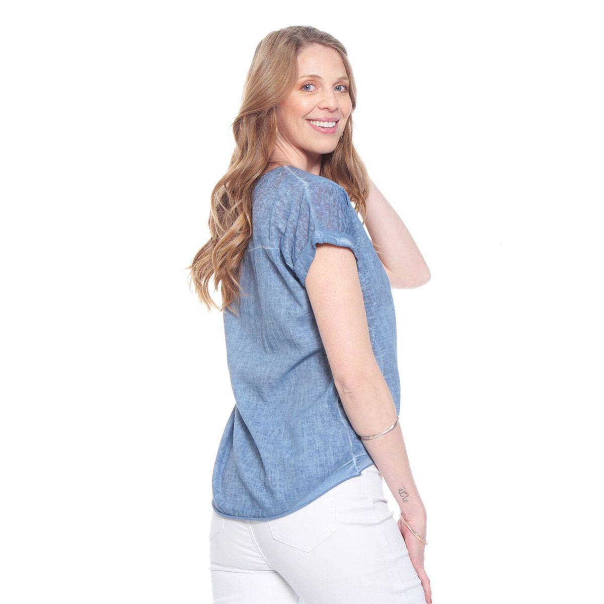 Blusa Manga Corta Lino Solida Escote V Corte Delanteroi-5