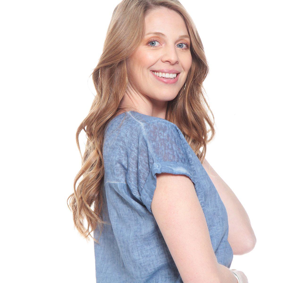 Blusa Manga Corta Lino Solida Escote V Corte Delanteroi-7