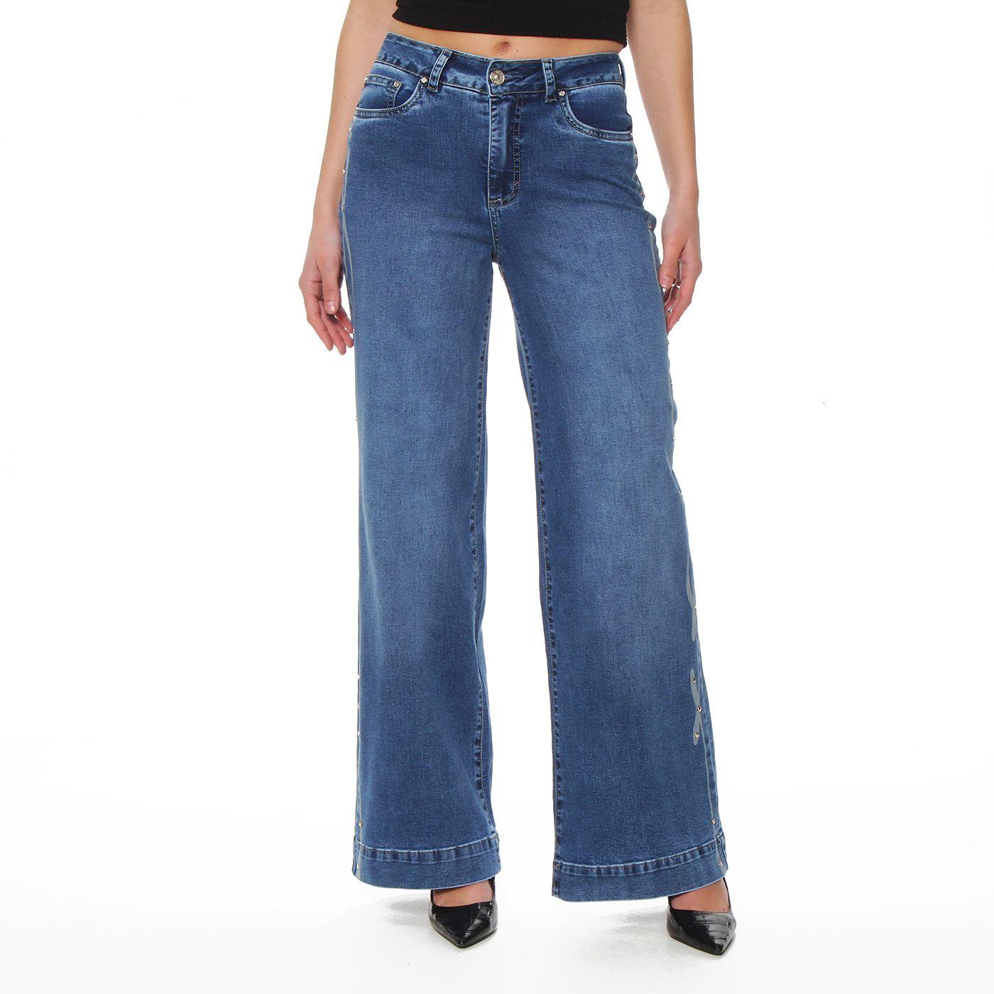 Jeans Wide Leg Tiro Alto Pretina Basica 1 Boton Aplicacion Strass-0