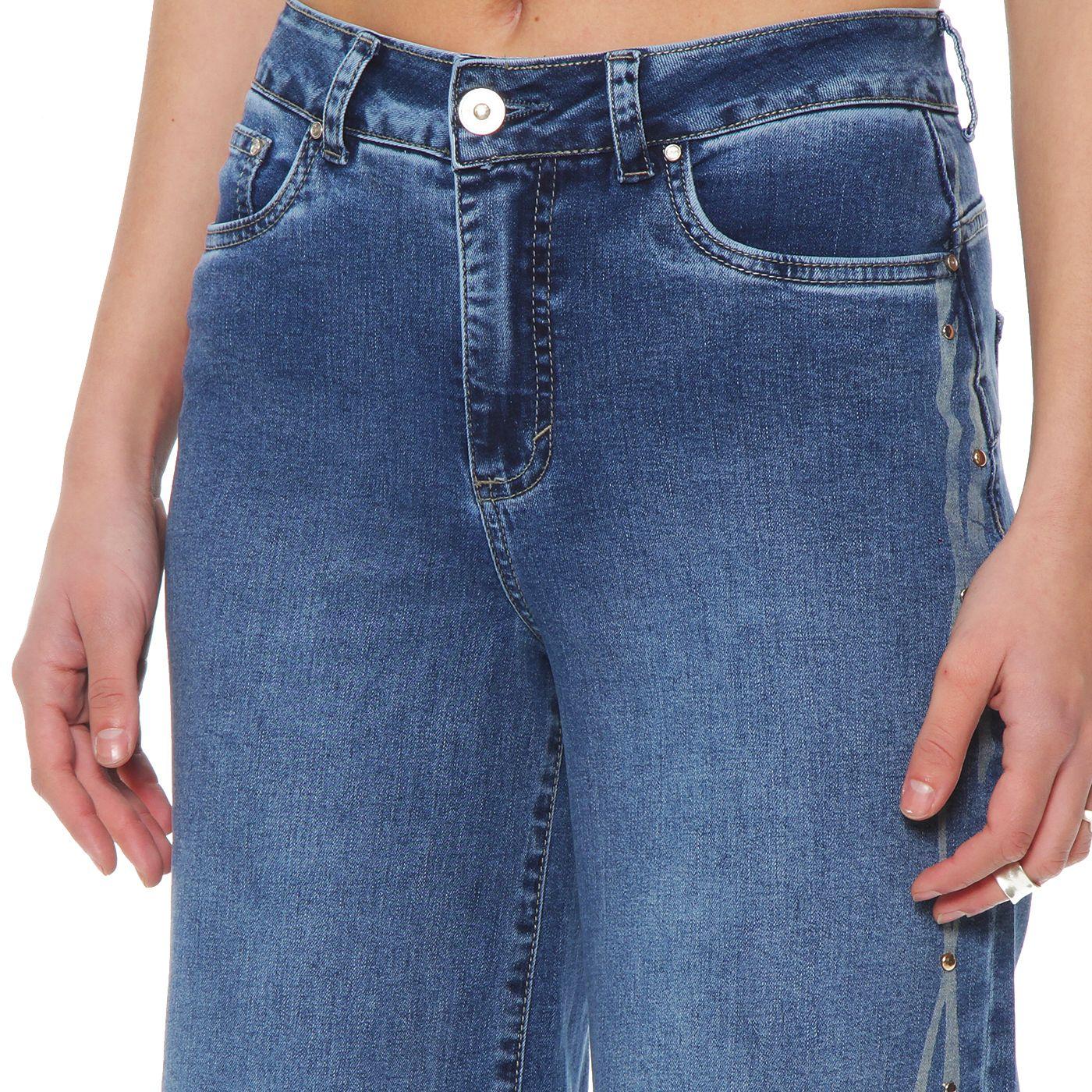 Jeans Wide Leg Tiro Alto Pretina Basica 1 Boton Aplicacion Strass-1