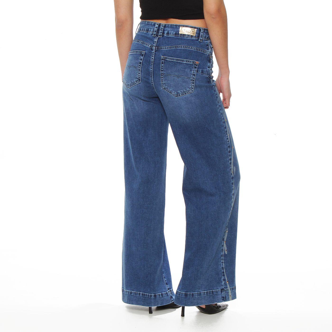 Jeans Wide Leg Tiro Alto Pretina Basica 1 Boton Aplicacion Strass-2