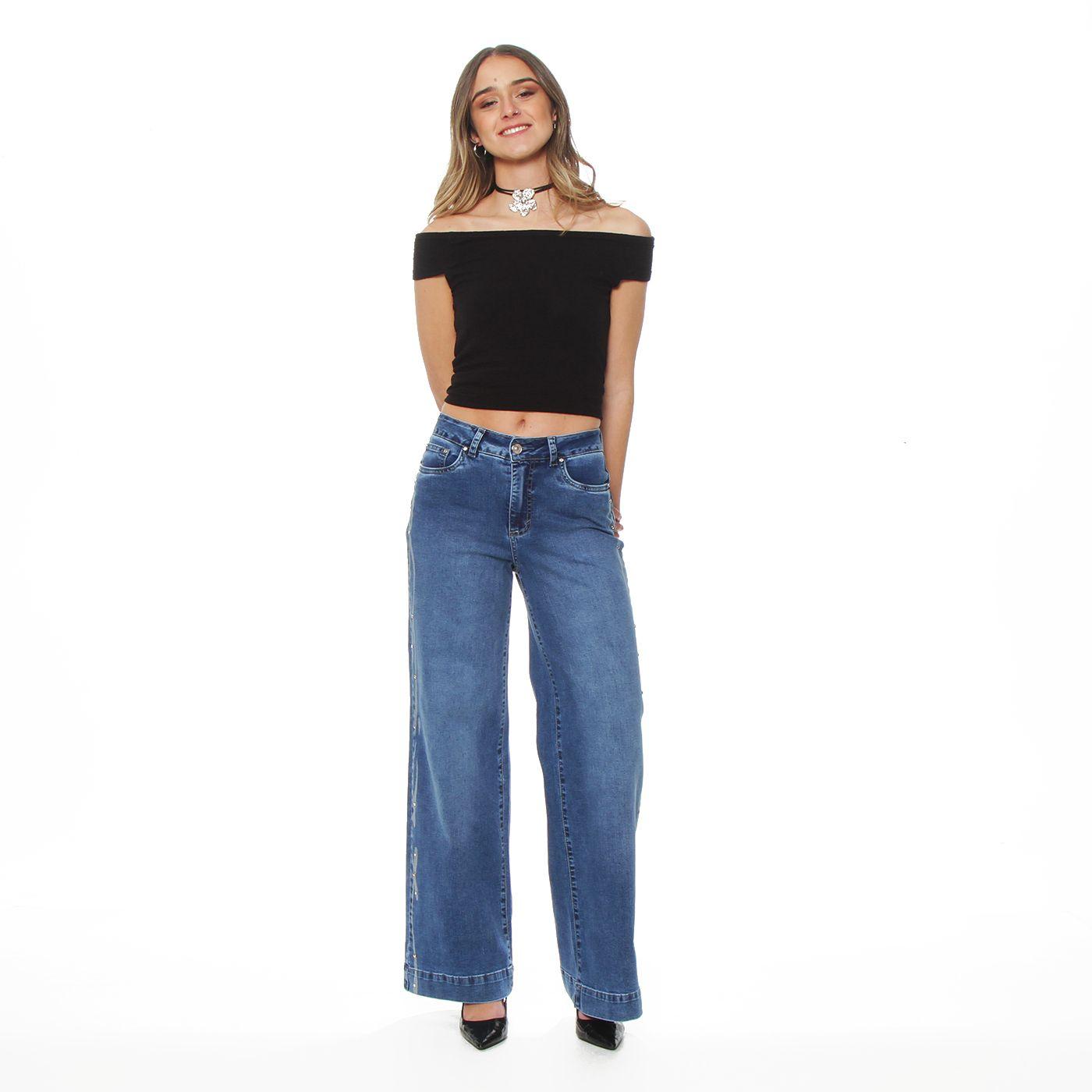 Jeans Wide Leg Tiro Alto Pretina Basica 1 Boton Aplicacion Strass-5