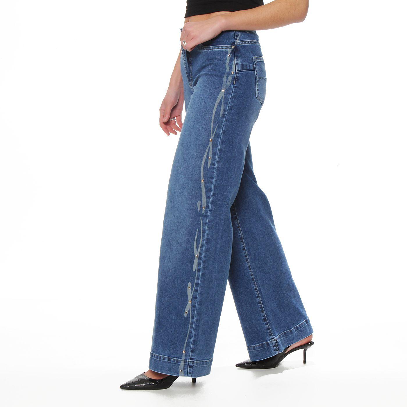 Jeans Wide Leg Tiro Alto Pretina Basica 1 Boton Aplicacion Strass-6