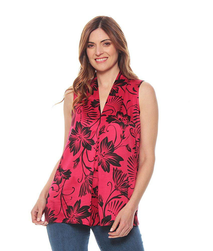 Blusa Sin Manga Satin Estampada Escote V Detalle Delantero-0