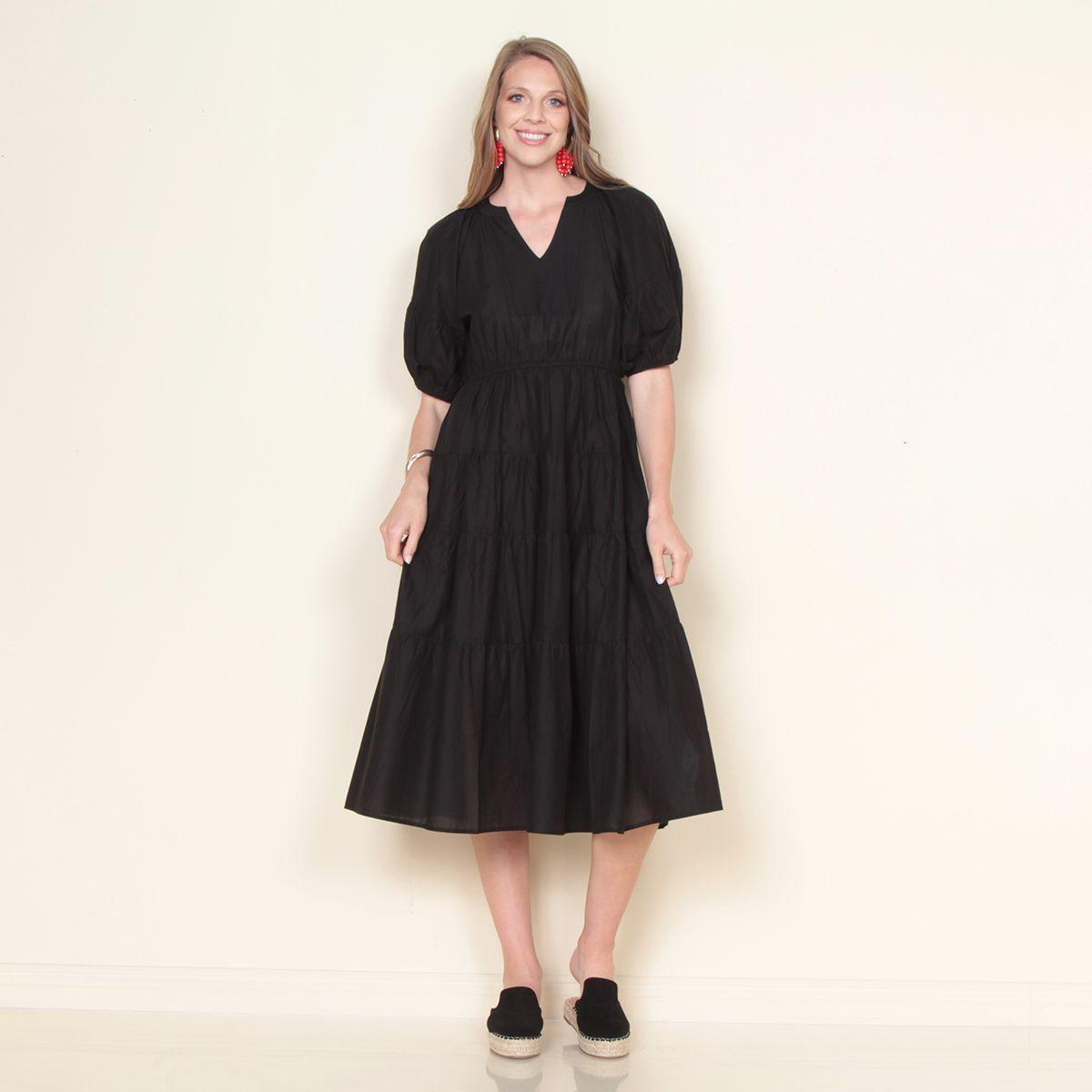 Vestido Solido Manga Corta Globo Escote V-0