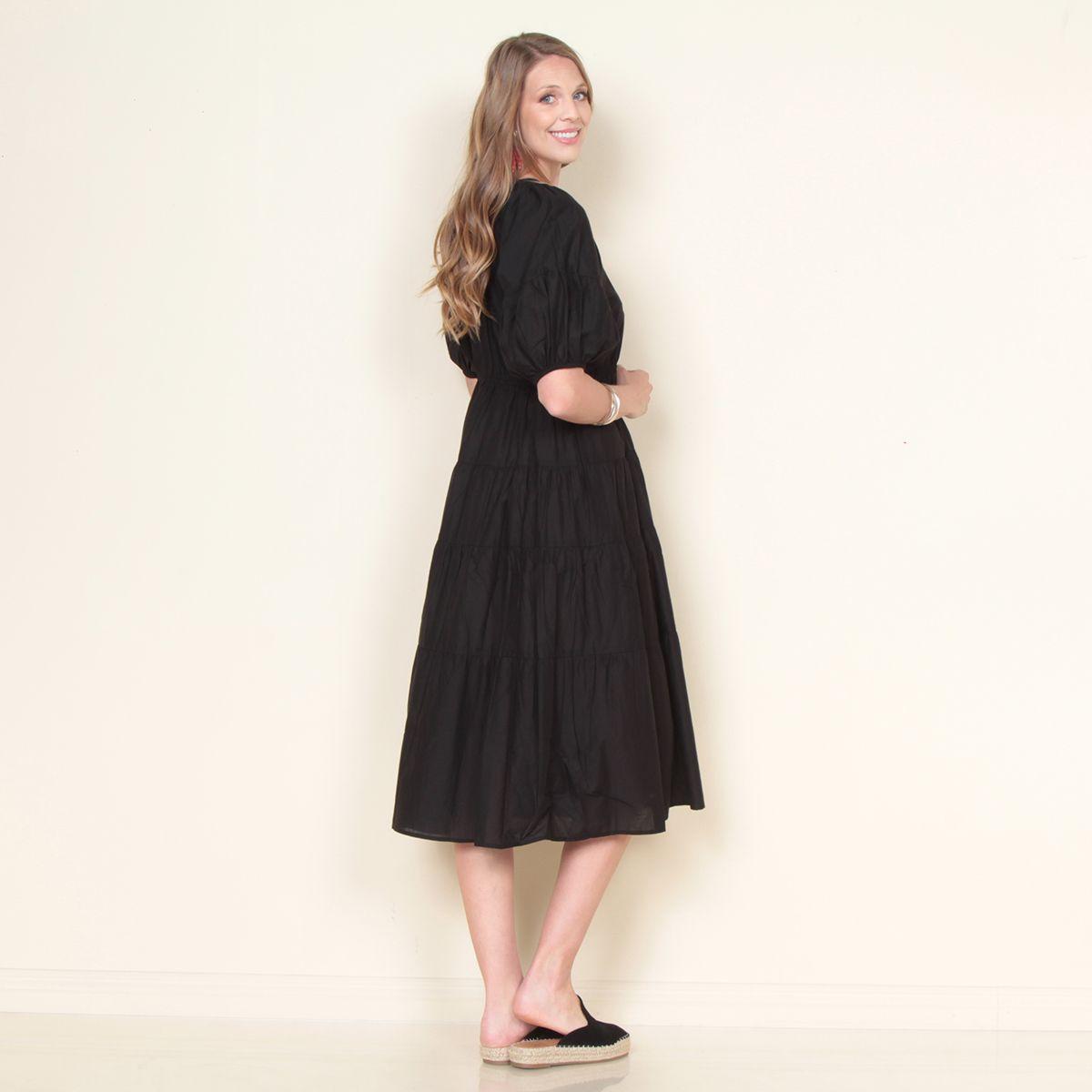 Vestido Solido Manga Corta Globo Escote V-1