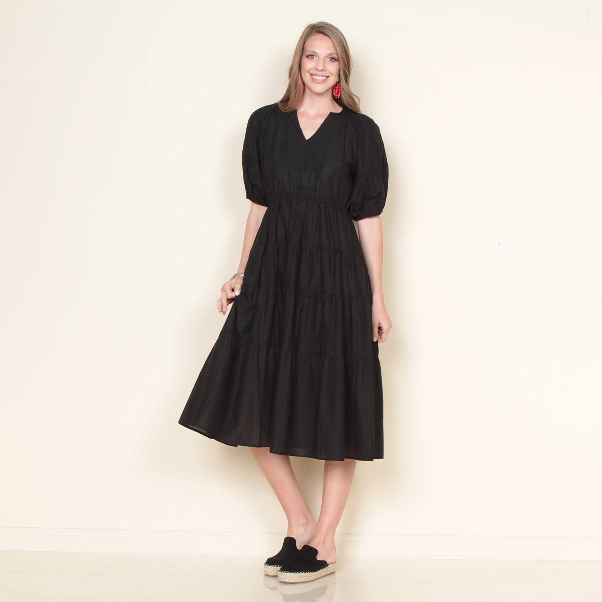 Vestido Solido Manga Corta Globo Escote V-2