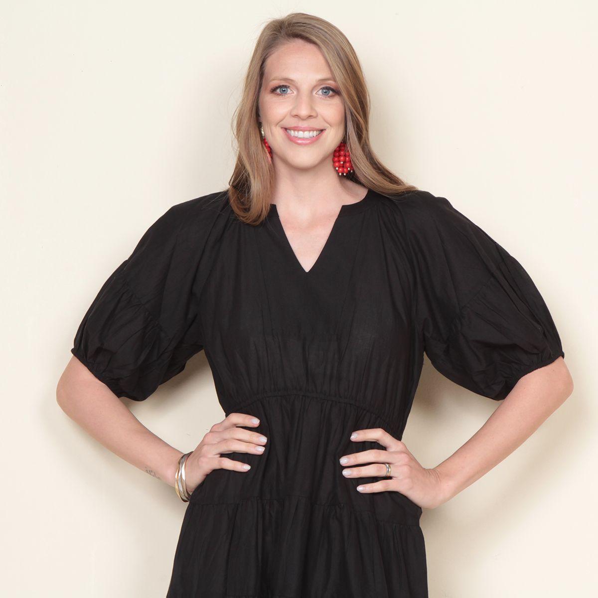 Vestido Solido Manga Corta Globo Escote V-4