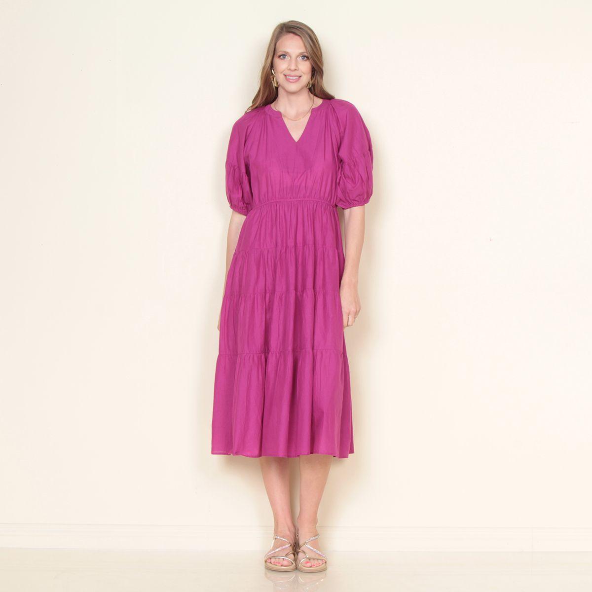Vestido Solido Manga Corta Globo Escote V-0