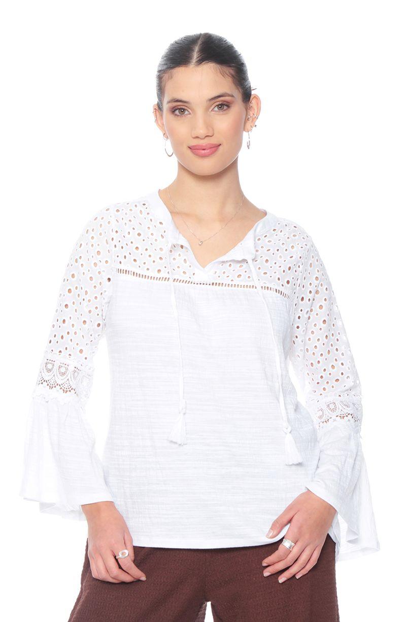 Blusa Manga Larga Acampanada Con Brodery Escote Redondo-0