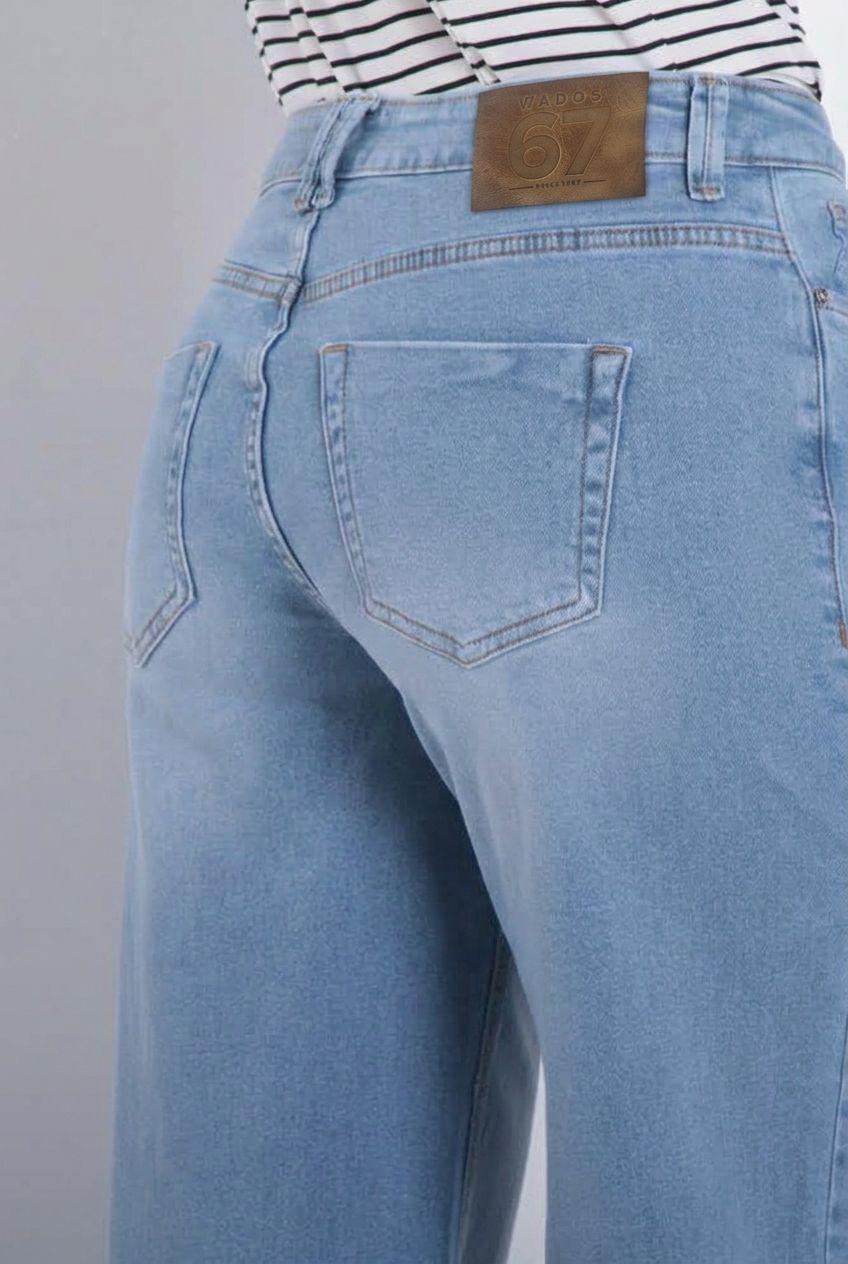 Jeans Wide Leg Tiro Alto Pretina Basica 1 Boton-5